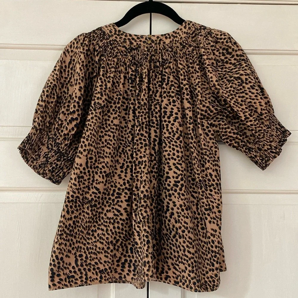 Ulla Johnson Lennie‎ Pleated Cotton Poplin Top Cheetah Print Animal Print Size 0